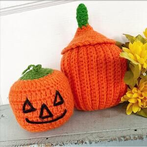 Vintage Crocheted Pumpkin Jack O'Lantern Halloween Crochet Decor SET OF 2